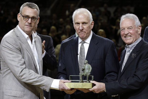Coach Popovich accepting the NBA coach of the year trophy in 2014 (AP Photo/Eric Gay, File)